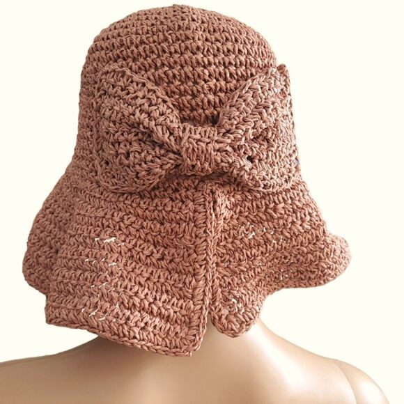 Straw Bucket Crochet Hat With Bow Soft Rose Open Weave - Picture 1 of 13
